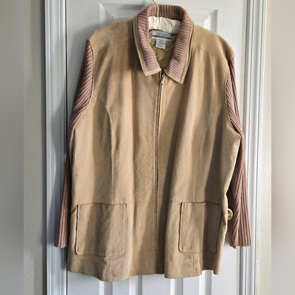 Vintage Mixed Media Beige Suede And Sweater Jacket Size 24